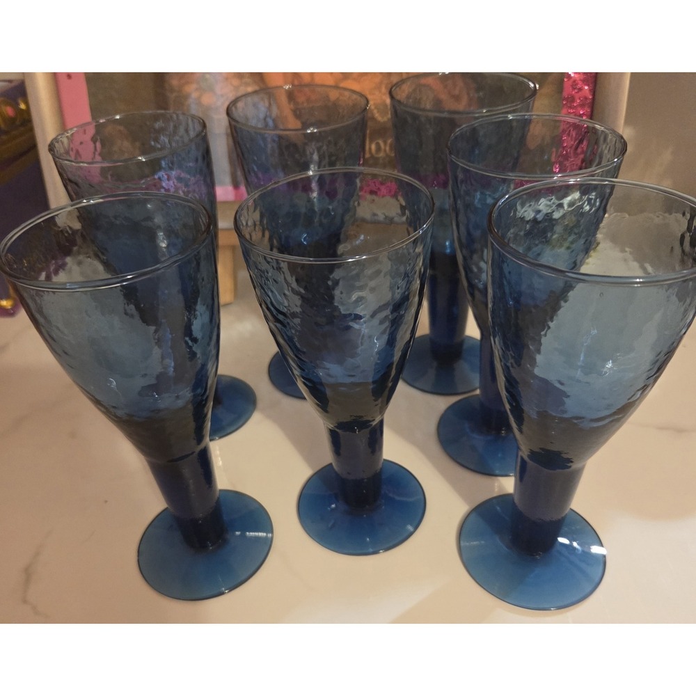 MEXICO GLASS BLUE HAMMERED GOBLETS WATER WINE STEMWARE SET 7